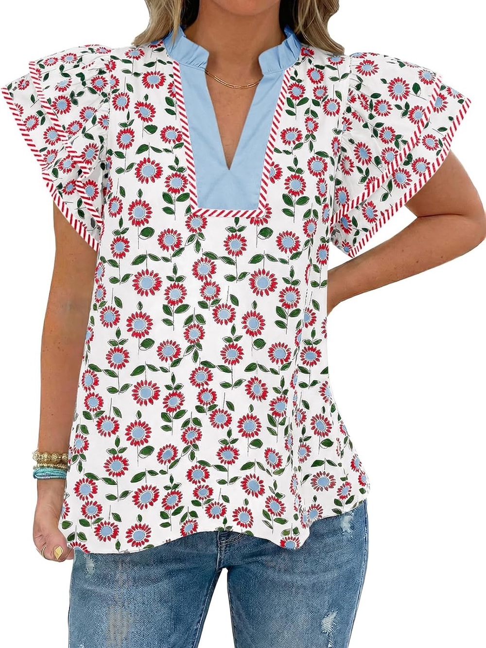 entro White Floral Print Top with Red and Blue Accents